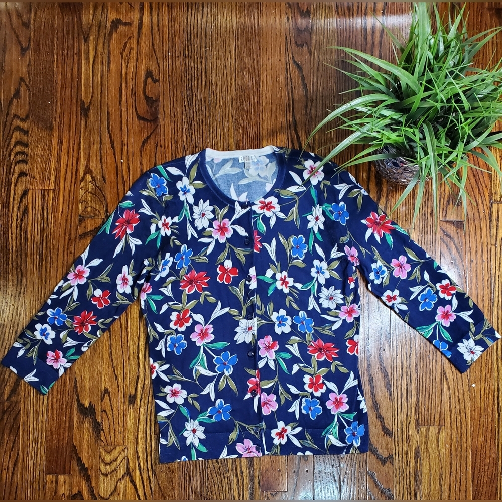 Spense Women's Navy Floral Multicolor 3/4 Sleeve Cardigan Size L/G